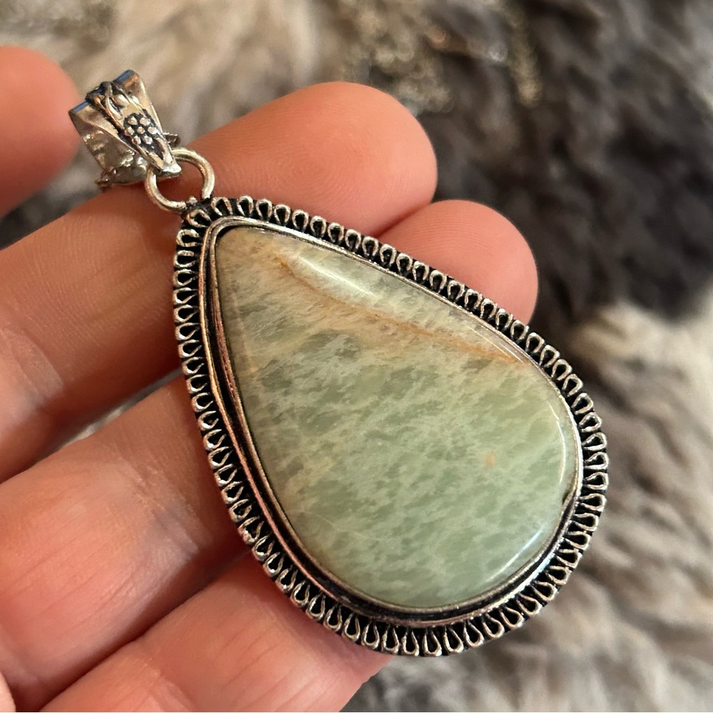 Handcrafted framed teardrop amazonite 925 sterling pendant on chain necklace